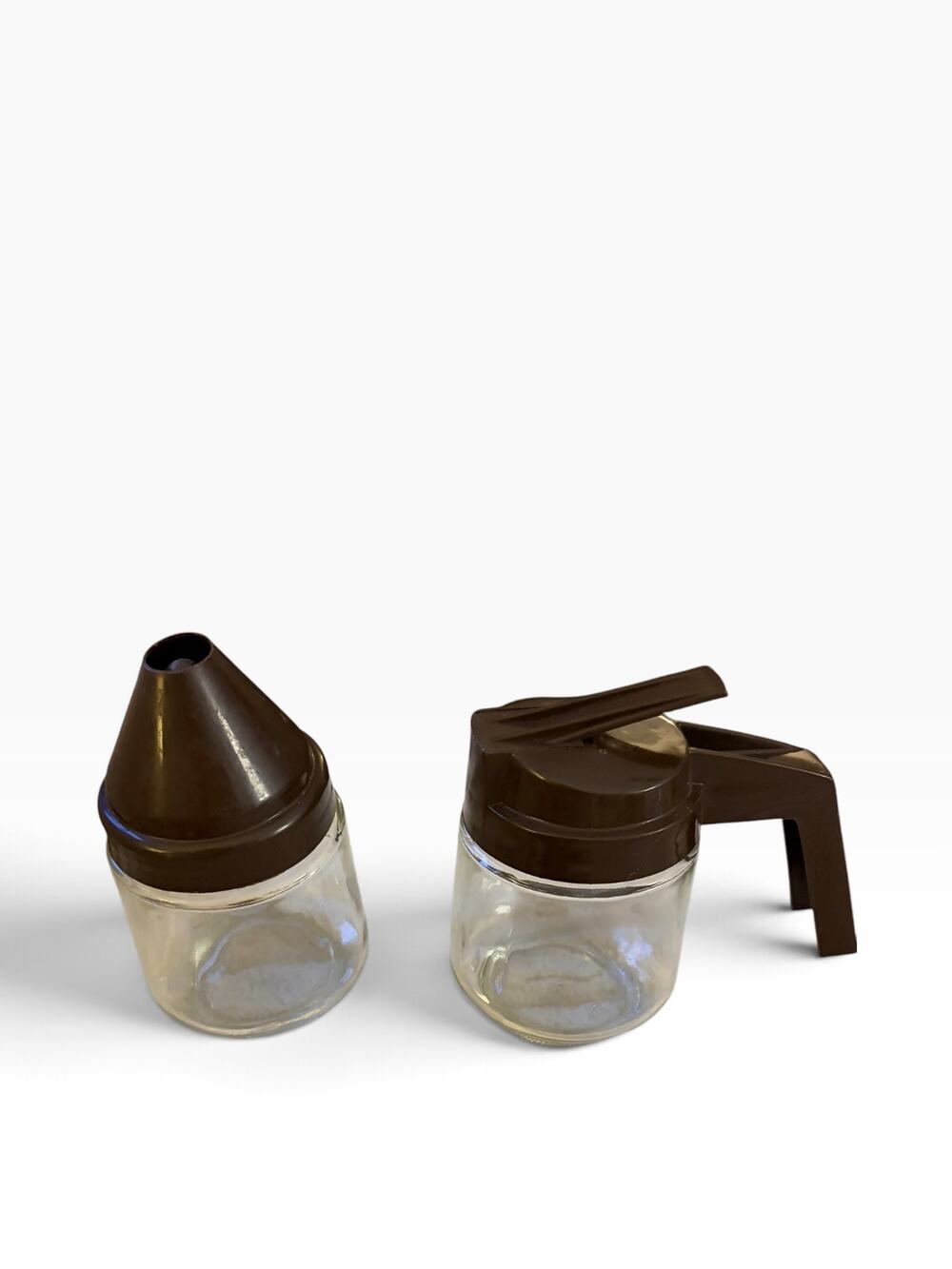 Vintage Gemco Glass Syrup Dispenser & Sugar Pourer Set Brown Mid Century Diner